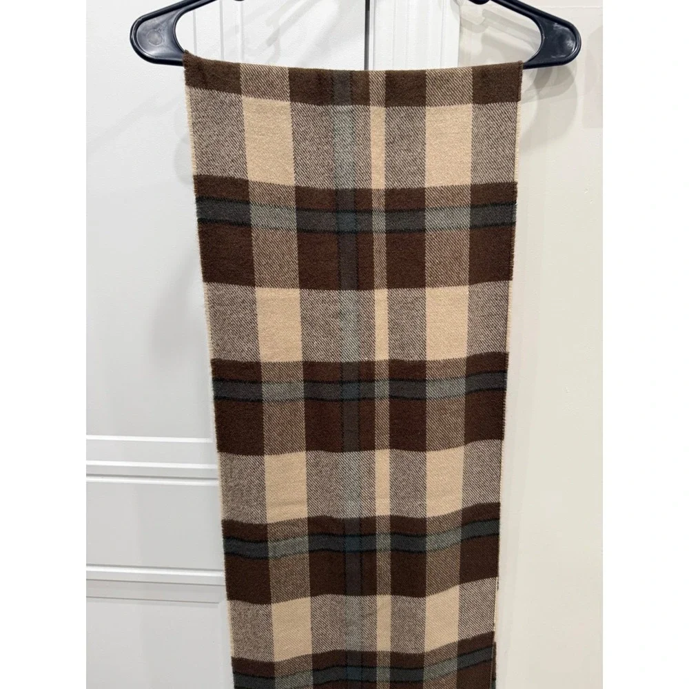 Brown Plaid Cashmere Blend Scarf Tan Grey Checkered Winter Fringe Wrap Accessory
